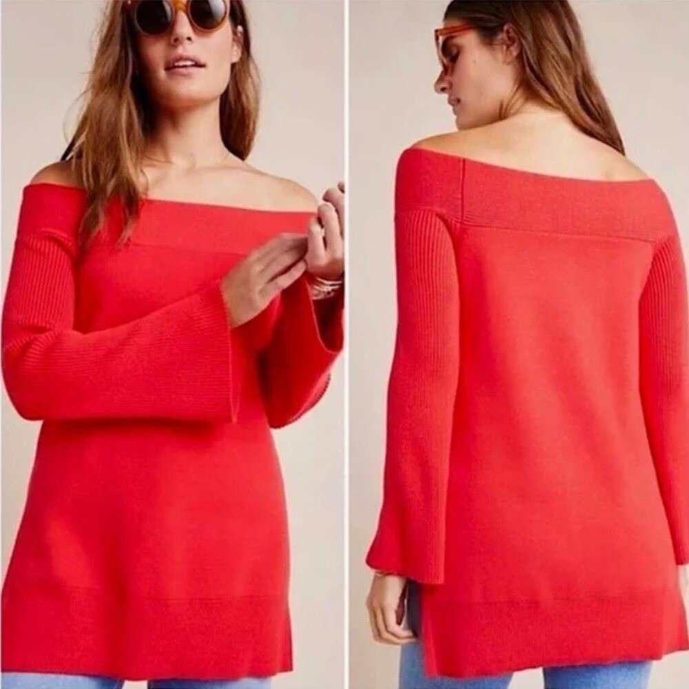 Anthropologie Elise Ribbed Tunic Off The Shoulder Sweater Top Red Size Small